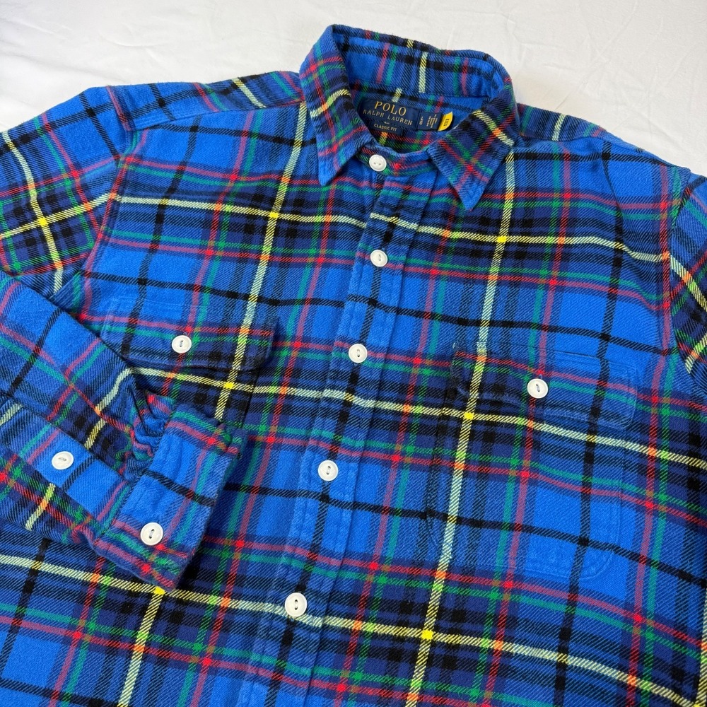 Polo Ralph Lauren Classic Fit Blue Plaid Twill Flannel Workshirt Men's SizeLarge